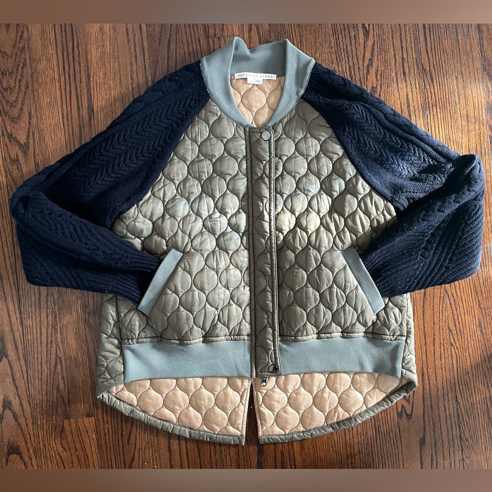 VERONICA BEARD Marjeti Mixed-Media Quilted Bomber Jacket, Olive & Navy, XL - Picture 8 of 13